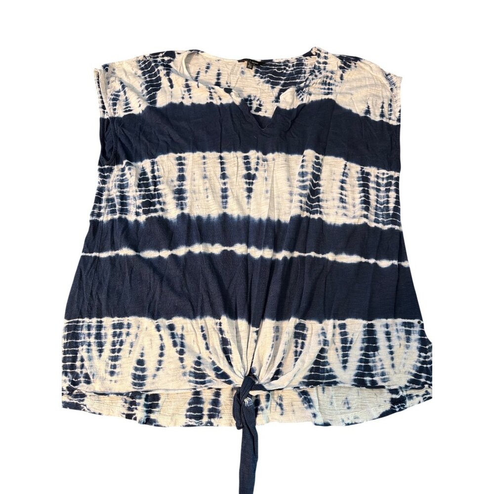 Lucky Brand Tie Dye Split Neck Top Blue White Front Tie Cap Sleeves Sz 2X